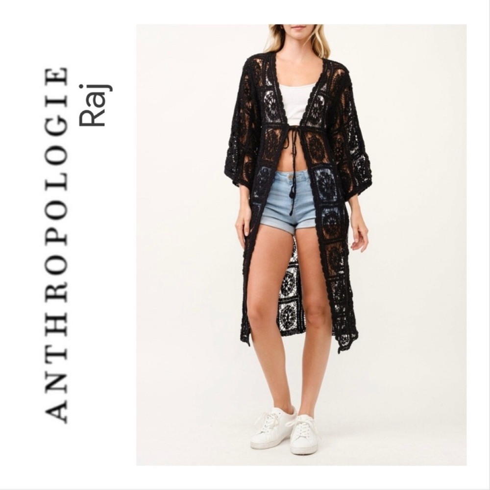 NWT Anthropologie x Raj Black Crochet Kimono Sweater Duster One Size